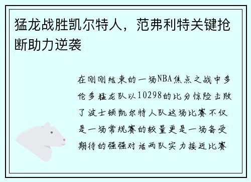 猛龙战胜凯尔特人，范弗利特关键抢断助力逆袭
